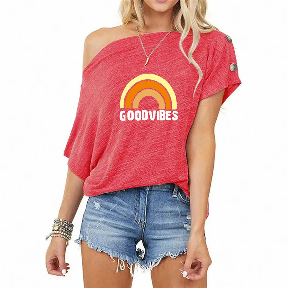 

Daily Wear Rainbow Print Casual Slash Neck Collar Off-the-shoulder Button Sexy T-shirt Short Sleeve 2021 Summer Fashion Tops