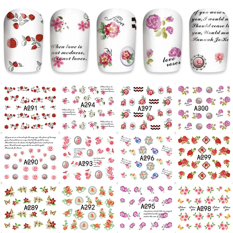 12 видов конструкций красочные наклейки для ногтей набор смешанных цветочных