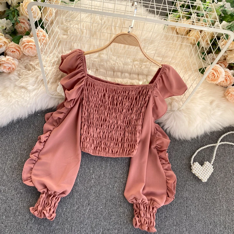 

2021 New Solid Color Sexy Square Collar Design Women Blouse Chic Fungus Patchwork Puff Sleeve Shirt Slim Fit All-match Blusas