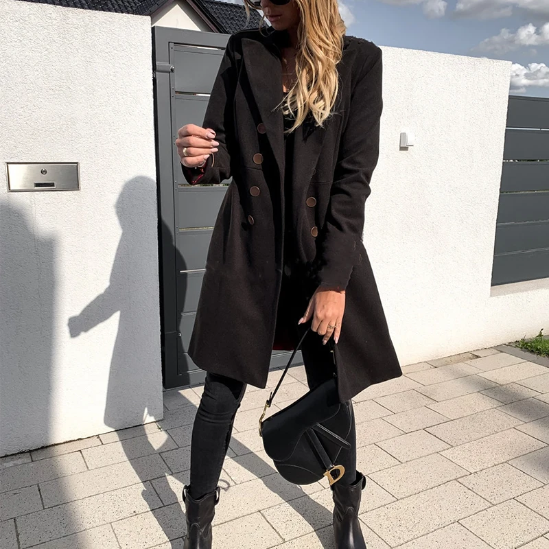 

Diiwii Women Coats Jackets Double Breasted Long Coat Korean Elegant Vintage Female Plus Size Warm Black Blazer Jacket Winter
