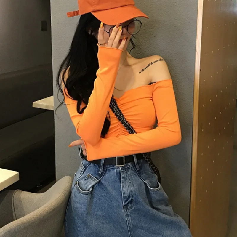 

2020 Sexy Off Shoulder Slash-Neck Long Sleeve Top Clubwear Women Harajuku Tee Tops Summer T-shirt
