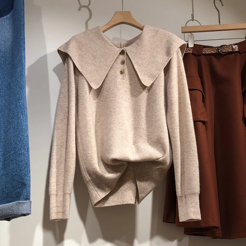 

SuperAen Sweet Peter Pan Collar Solid Casual Full Sweater Women's Autumn Winter 2021 New Loose All Match Pullover