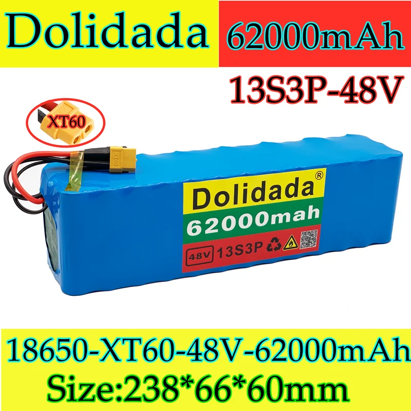 

2021 new 13s3p XT60 48V 62000mah 1000W Li ion battery pack for 54.6V electric bicycle scooter with BMS