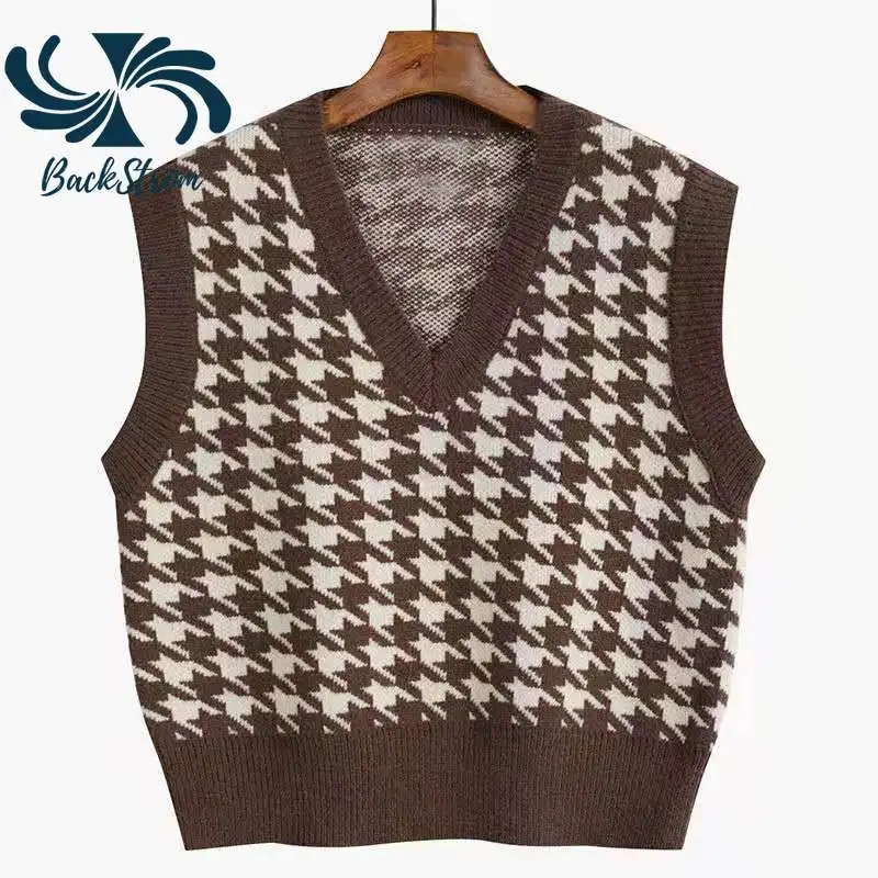 

BACKSTROM Women Sweater Vests Autumn Winter Loose Sleeveless Sweater V-neck Bird Check Vintage Fashion All-match Simple Vest
