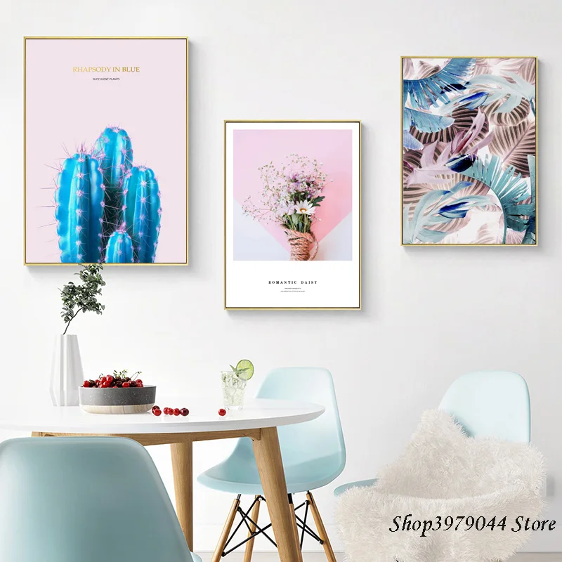 Синий кактус Холст плакат розовый цветок Маргаритка стены художественная