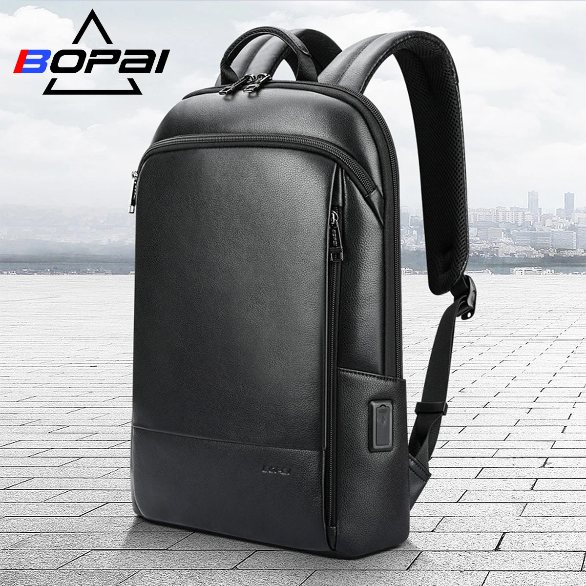 BOPAI Genuine Leather Slim Laptop Backpack Ultra Thin Men 15.6 Inch Anti Theft Backpacks School Unisex Black Ultralight Bagpack
