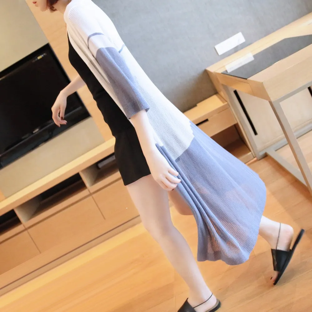 Контрастный шелковый длинный вязаный кардиган для женщин три четверти тонкий