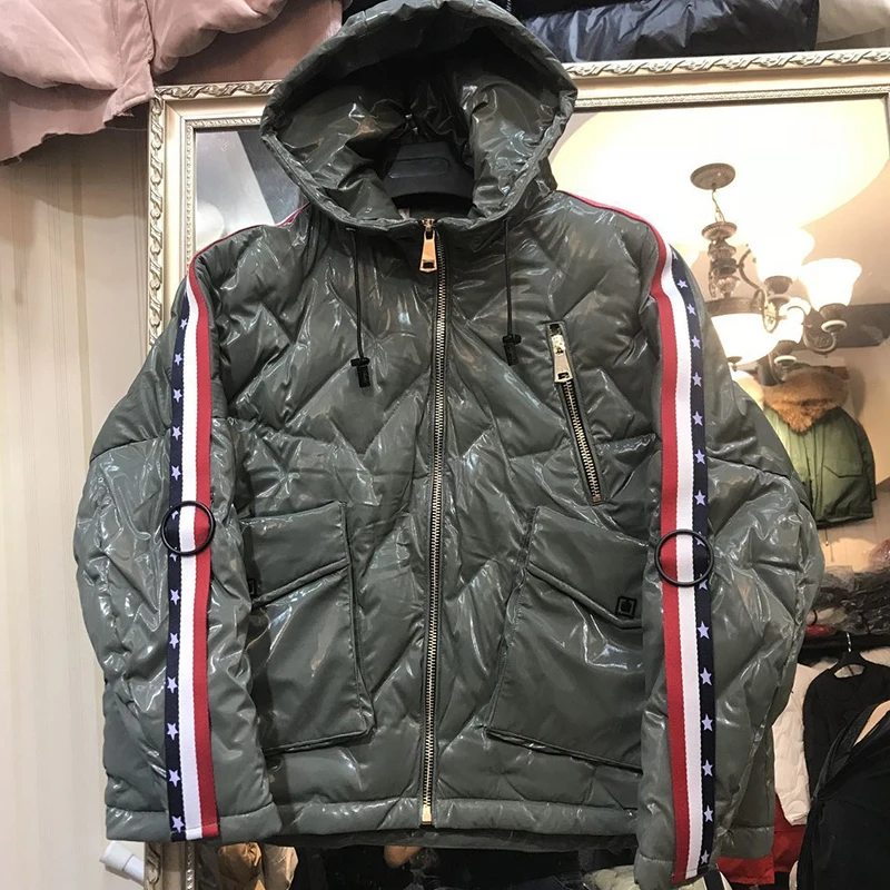 

Winter Women Thick Down Coats Female Glossy Zipper Hooded Jackets Lady Cartoon Backside Coats Big Pockets Street Outerwear S M