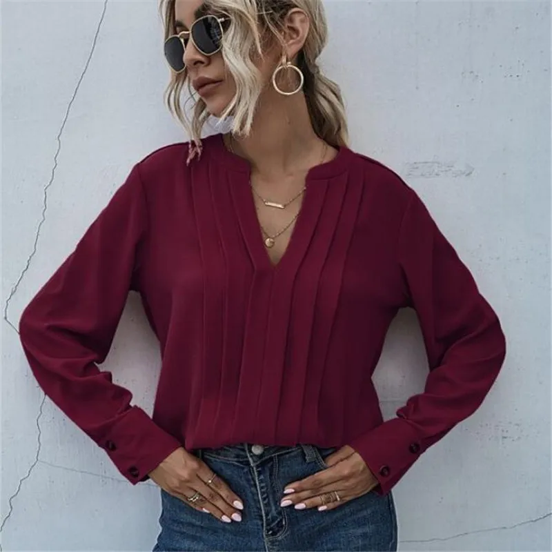 

Solid Color Loose Blouses Long Sleeves V-neck Casual Jumper Shirts Spring Fall Office Lady Work Pullovers Femme Jumper Blouse
