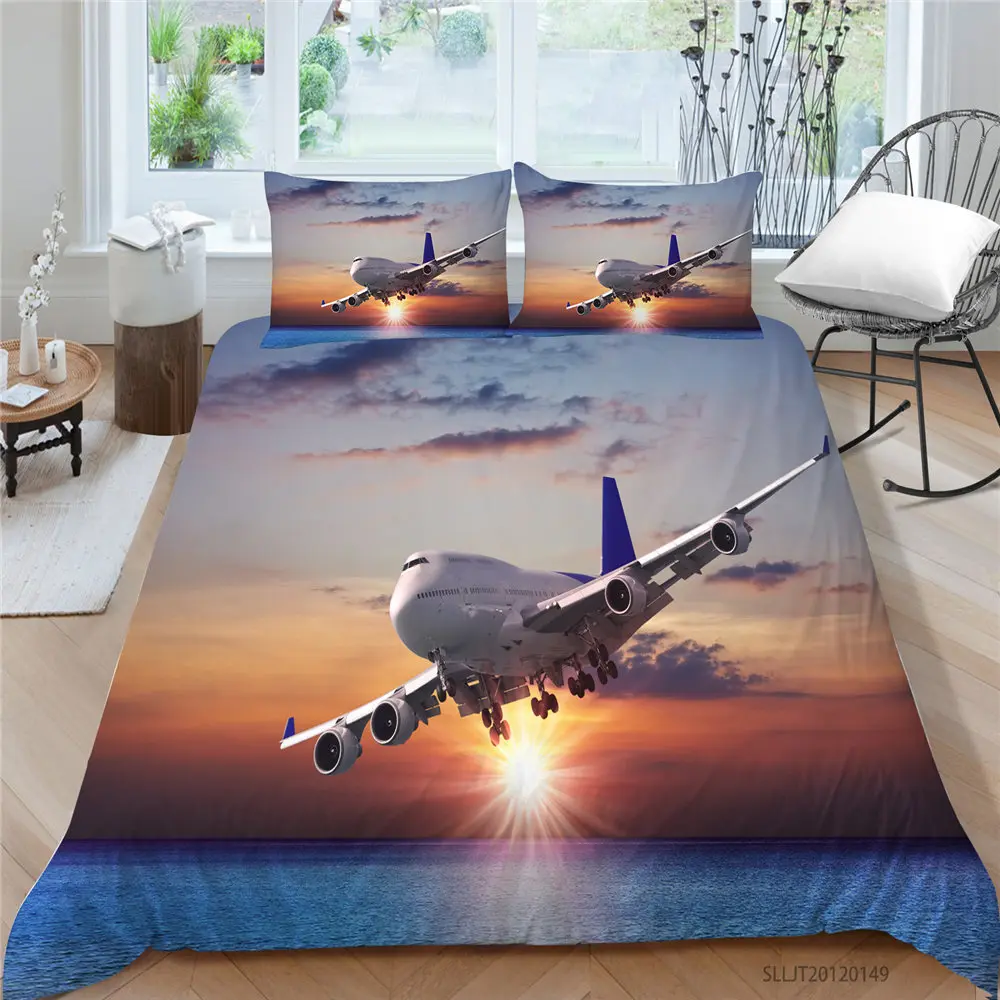 

Sunset Bed Set King Size Romantic Aircraft Duvet Cover Sea Double Twin Full Queen Single 3D Airplane Bedding Set For Man