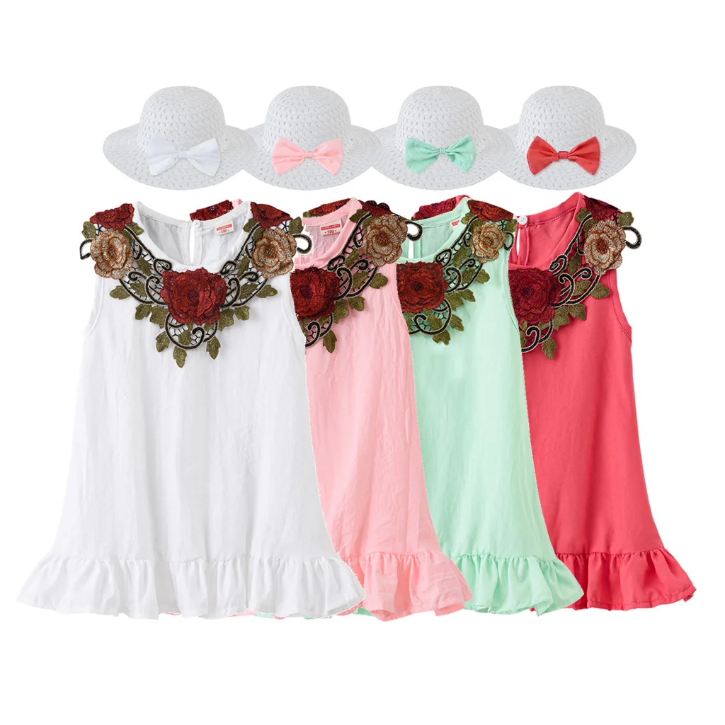 

New 2020 Summer Little Girls Cute Flower Decor Ruffles O-neck A-line Dress with Hat Kids Baby Girls Sleeveless Princess Dresses