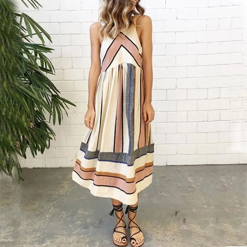 

Women Round Neck Boho Dress Ladies Elegant Sleeveless Striped Long Beach Dress 2021 Female Loose Casual Sundress