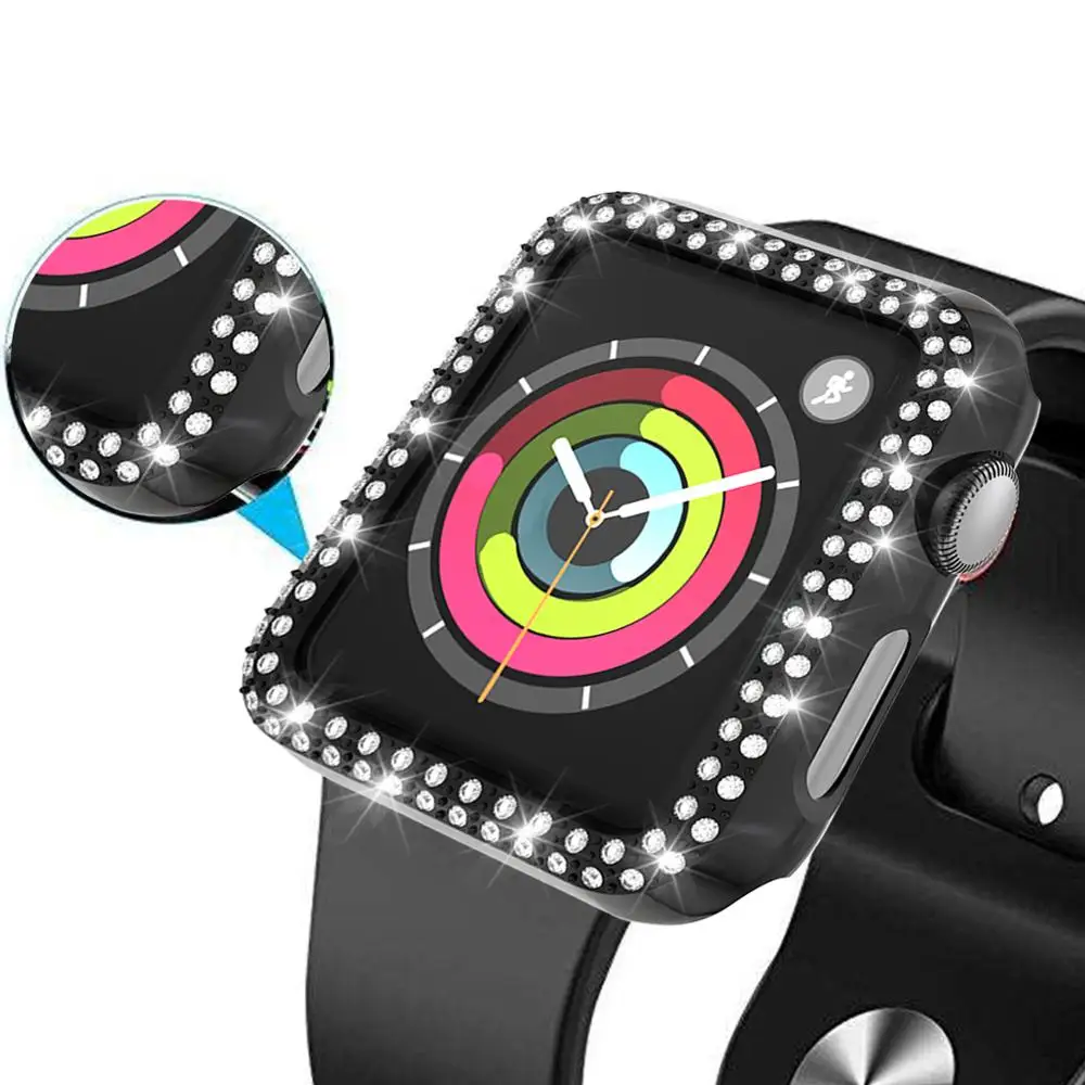 black Чехол для часов с двумя алмазами для apple watch 5, 4, 3, 2, чехол 38 мм, 42 мм, 40 мм, 44 мм, защитный чехол для экрана для iWatch Series 5, 4 - Цвет: black