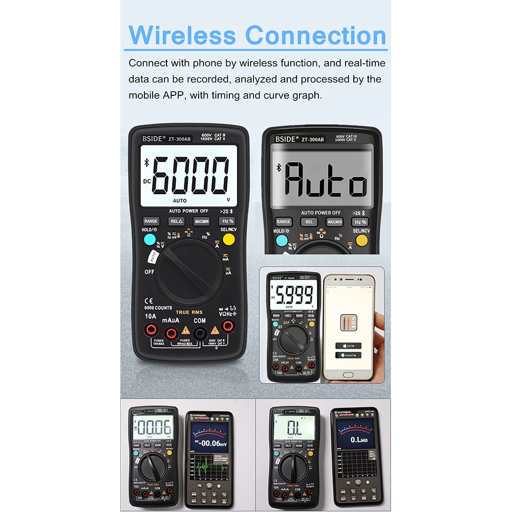 Беспроводной цифровой мультиметр BSIDE ZT-300AB True RMS ручной автоматический выбор