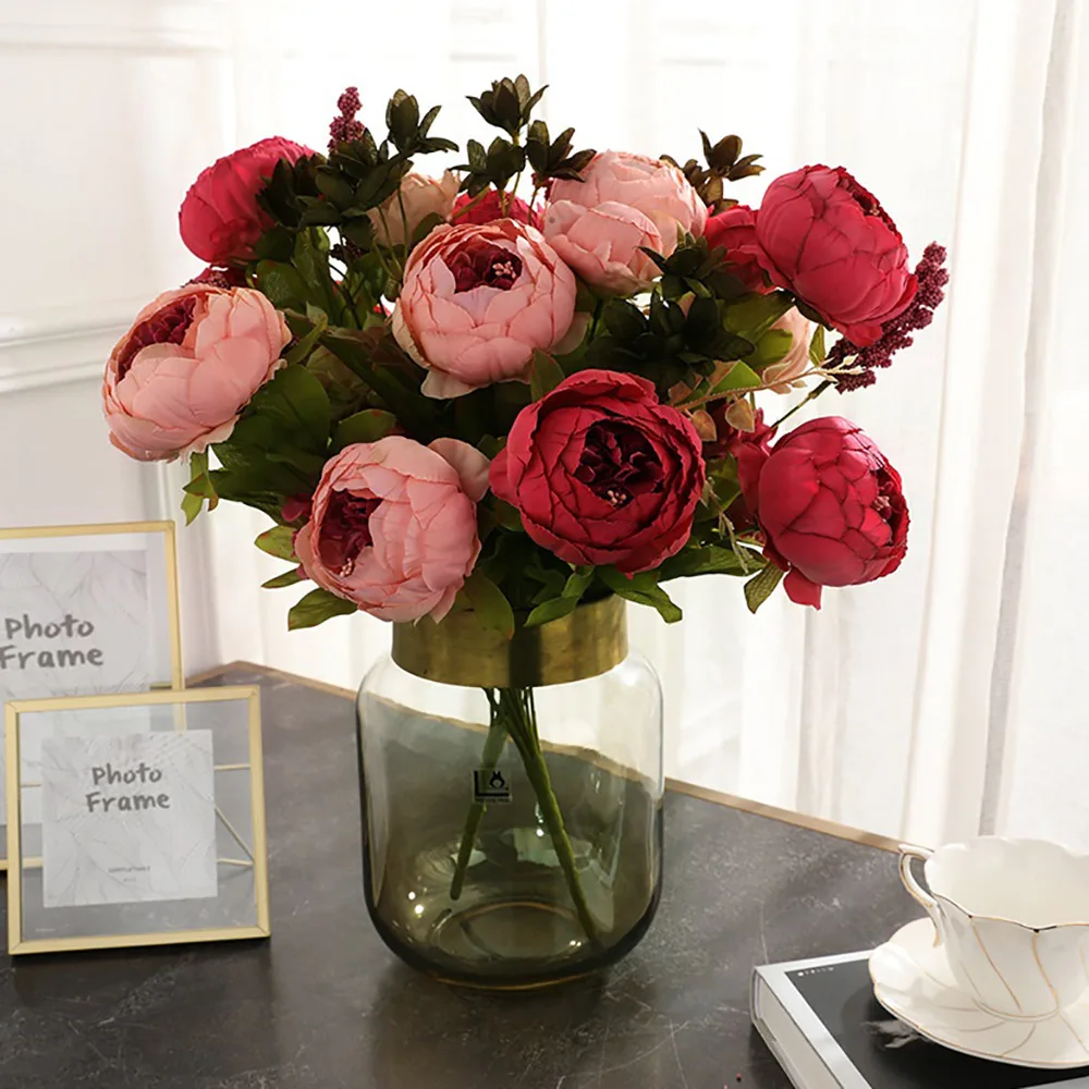 

1 букет шелковых пионов, искусственные цветы, Свадебная вечеринка, искусственные цветы, помпоны «сделай сам», искусственные розы