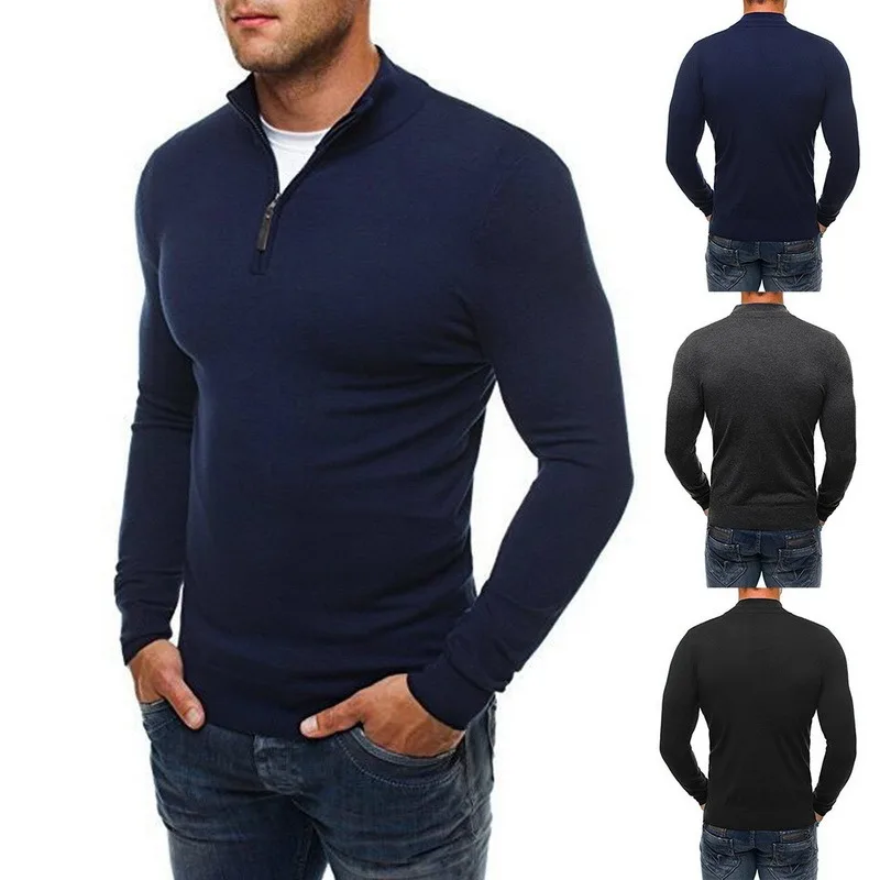 

2021 New Casual Sweater Men's Solid Color Standing Collar Long Sleeve Sweater Zip Knit Sweater Men's Black Gray Navy Blue