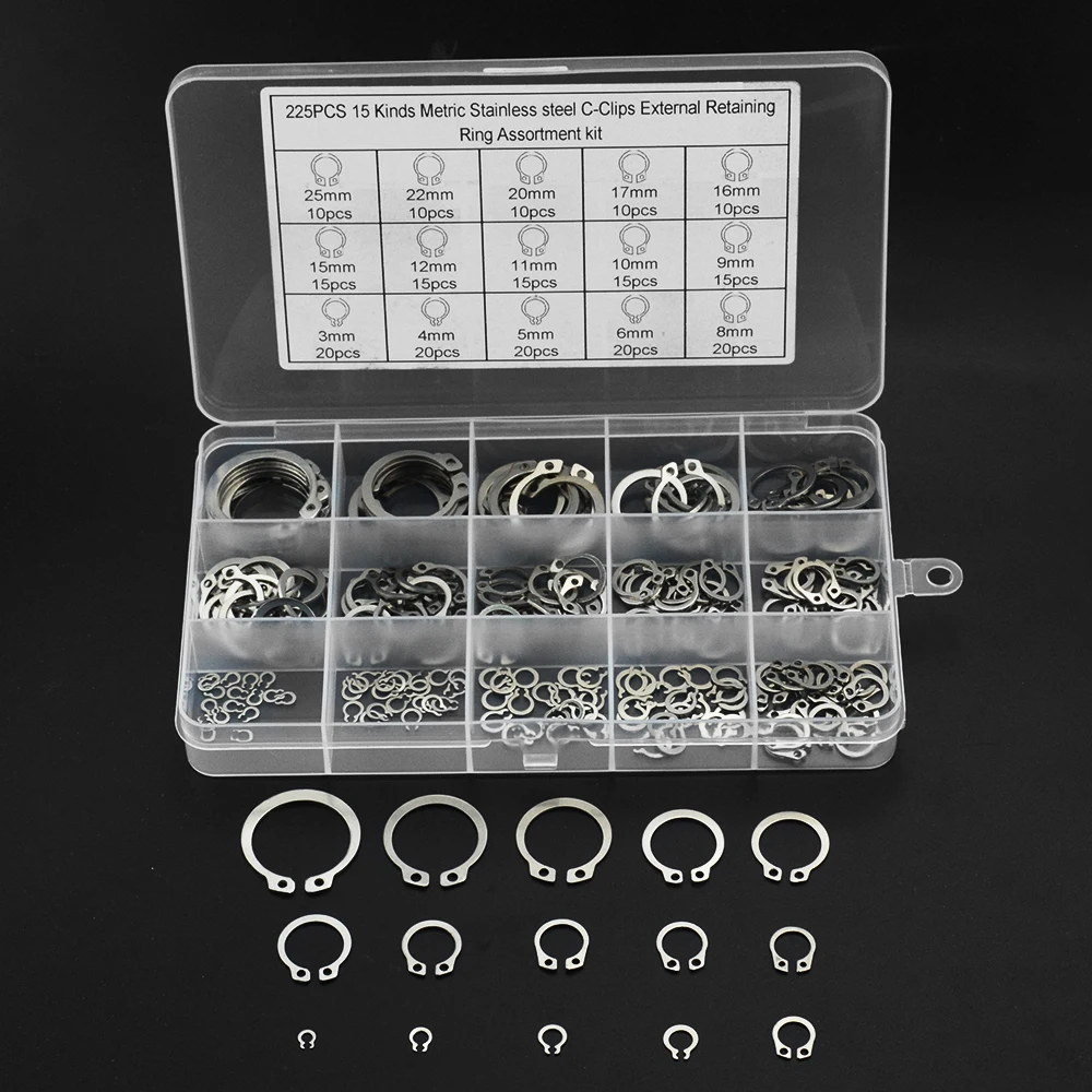 

225pcs/set 304 Stainless Steel Internal External Retaining Circlips Washers Snap Retaining Ring Circlip Assortment Kit