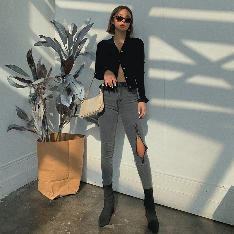 Новинка 2019 модная женская одежда джинсы на молнии облегающие колготки брюки