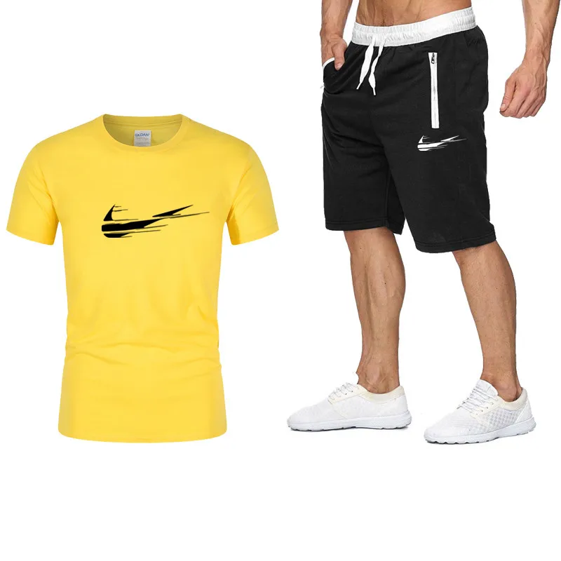 

2021 Latest Spring And Summer Pure Cotton Breathable Casual Sports Sleeve T-Shirt + Sports Shorts Two-Piece Suit