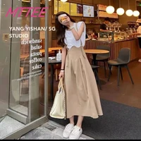 faldas largas women high waist flared pleated long skirtssummer students cute suspender skirts korean style elegant loose casual