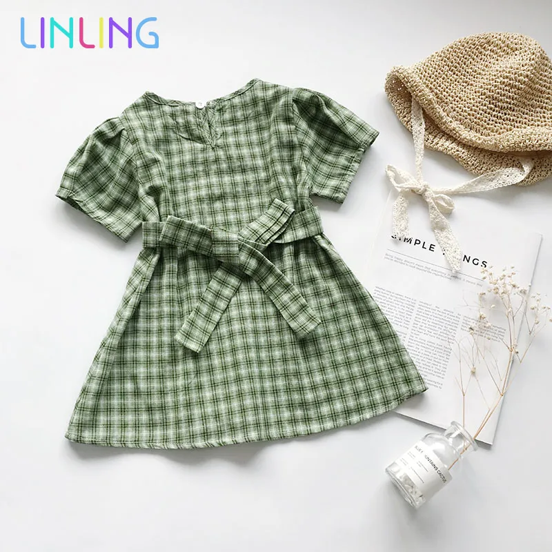 Girls' Little Fresh Green Plaid Cotton Baby Girl Dress Girls Fashion Princess 2020 Summer New Arrival | Детская одежда и обувь