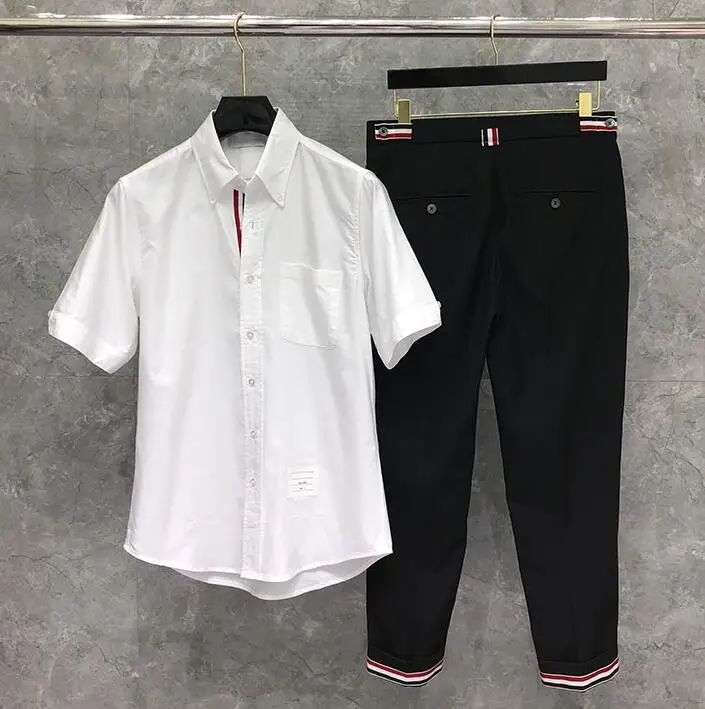 

Fashion TB 2021 THOM Brand Shirts Men Slim White Short Sleeve Casual Shirt Oxford Middle Striped Cotton Solid Men's Clothing