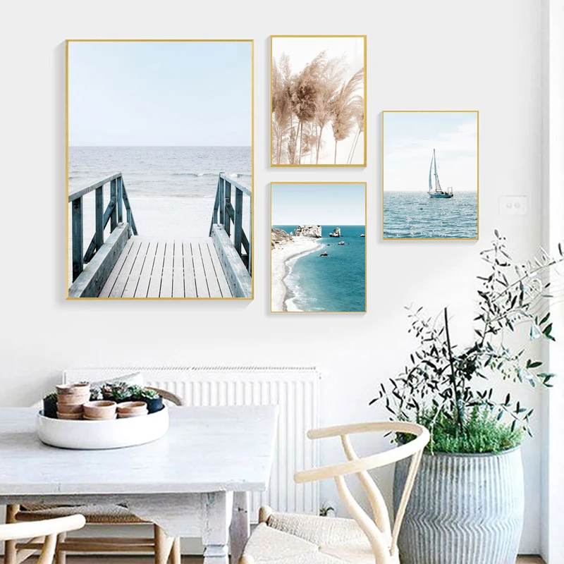 landscape Art Canvas Painting Nordic Posters Sea Bridge Reed Beach Sailboat Quote And Prints Wall Pictures For Living Room Decor | Дом и сад