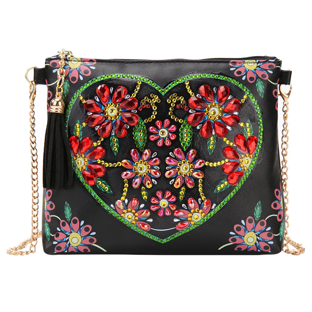 

Leather Flower Shoulder Bag Special Shaped Diamond Painting Heart-shaped Tassel Women Clutch Bag Diamond Mosaic Gift for Lady