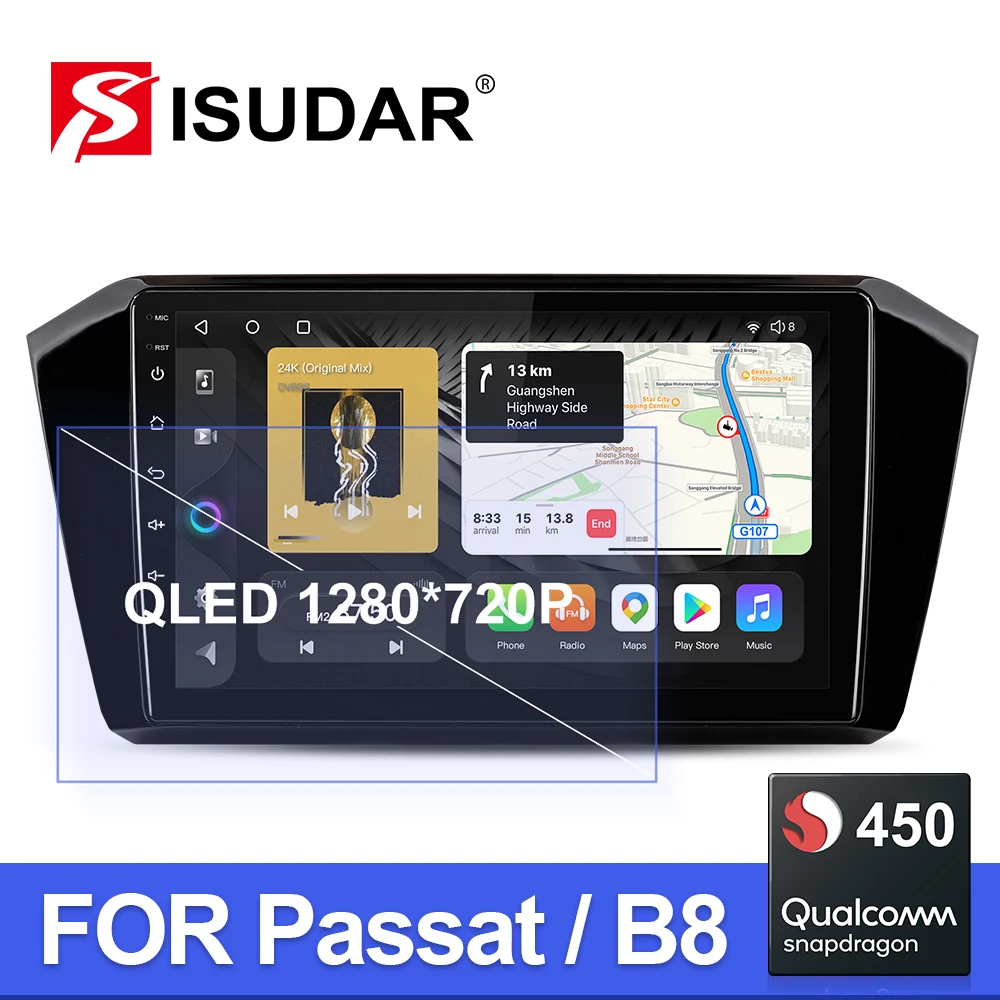 Автомагнитола Isudar QLED Android для VW/Volkswagen Passat B8 2015-Авторадио Qualcomm 8 ядер ОЗУ 4 Гб GPS