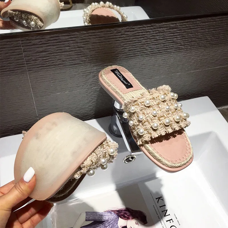 

Slippers Women Summer Loafers Low Shoes Woman 2020 Pantofle String Bead New Flat Rubber Basic Rome PU Slides Hoof Heels