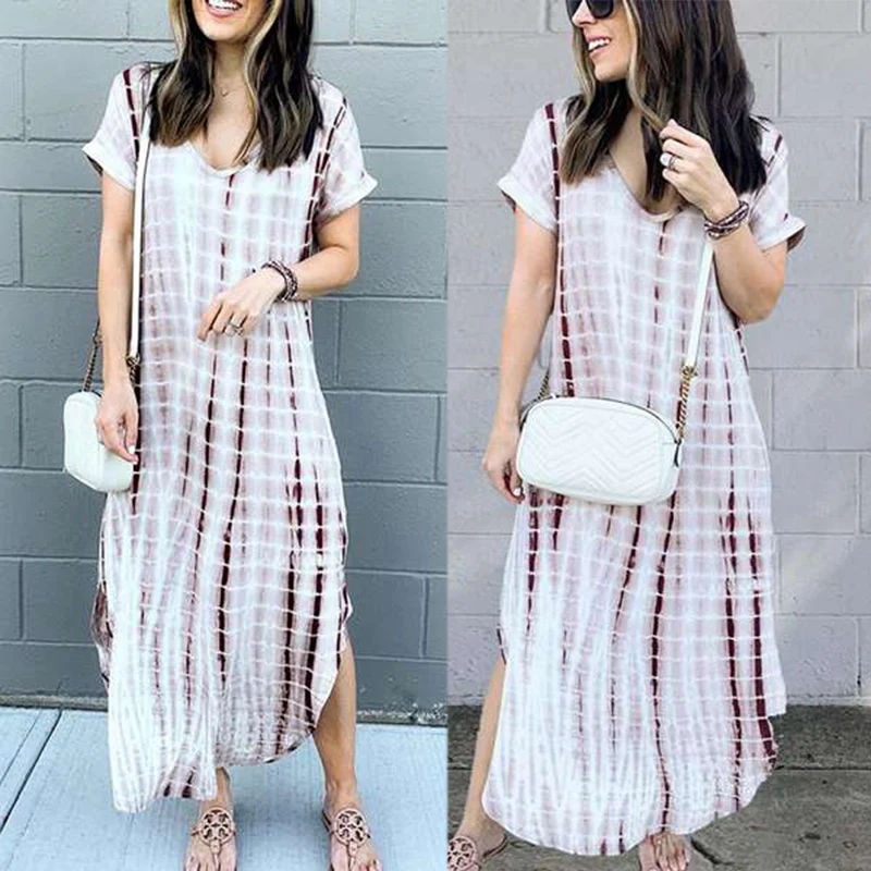 

Летнее женское платье в клетку с короткими рукавами и принтом Платья для девушек Свободный Повседневный свитер с треугольным вырезом женск...