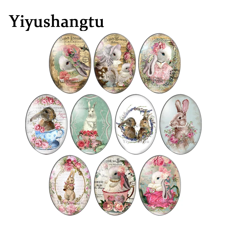 

Cartoon flowers rabbits cute animals 10pcs mixed 13x18mm/18x25mm/30x40mm Oval photo glass cabochon flat back Making findings