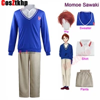 2021 new anime cosplay costume wonder egg priority sawaki momoe uniform suit top pants wigs campus style blue knitted top wig