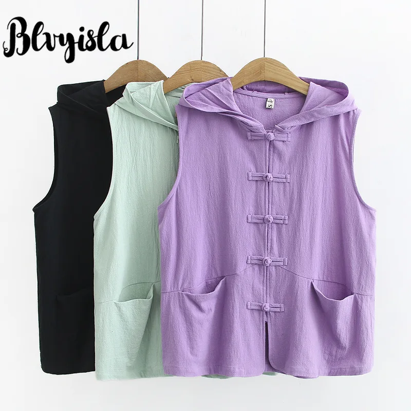 

Blvyisla 4XL Oversize Spring Thin Vest Chinese Handmade Button Tops Sleeveless Hooded Jackets Overweight Female Outwears Coats