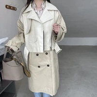 women winter fashion double breasted apricot trench coat with leather vest2 piece sets long windbreaker