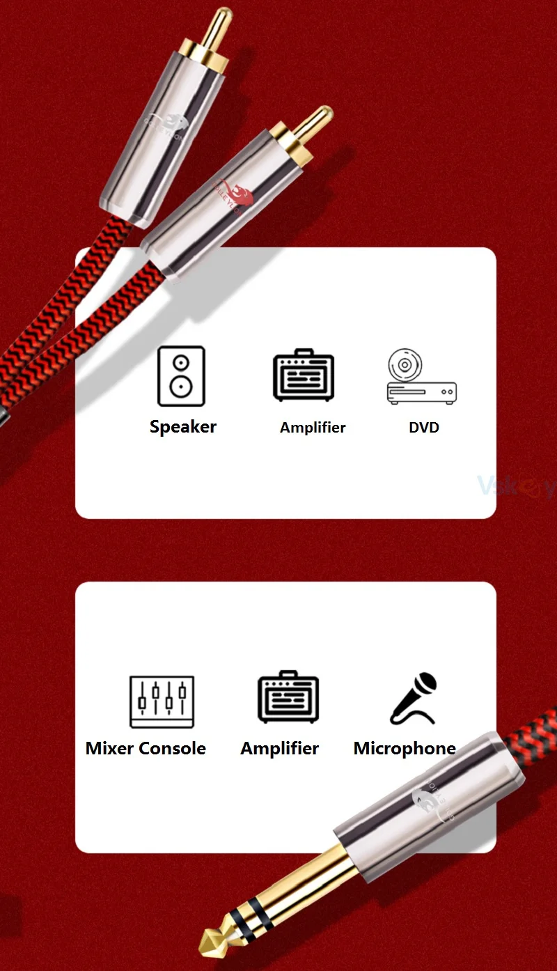 Стерео аудиокабель со штекером 1/4 дюйма и разъемом 6 35 мм на два RCA для миксера