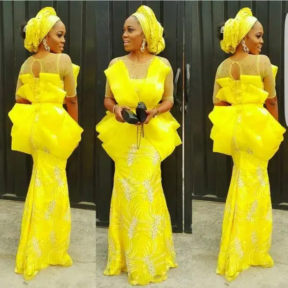

Aso Ebi Yellow Prom Party Dresses With Ruffles Mermaid Appliques Beadings Sheer Round Neck 3/4 Sleeves For Bridal Evening Gowns