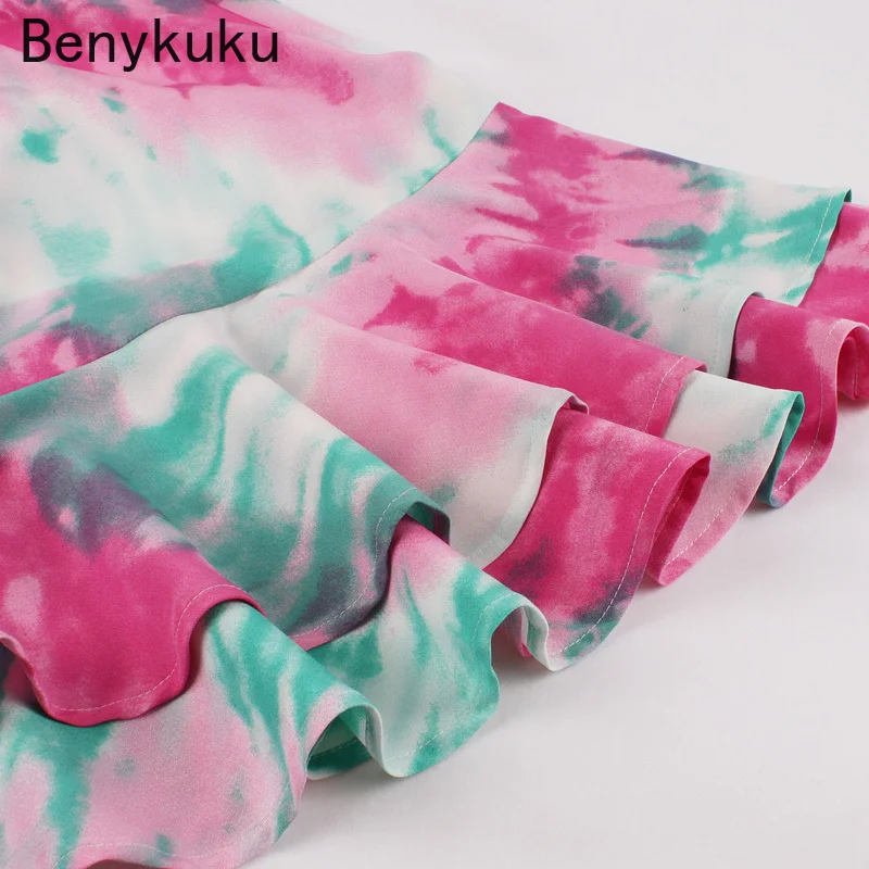 

Multicolor Button Up Tie Dye Shirt Dress Women Elegant Turn Down Collar Short Sleeve Clothes Female Vintage Ruffles Party Dress