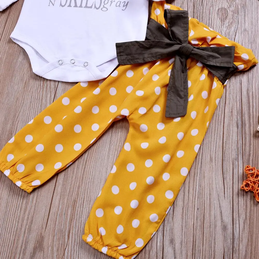 Toddlers Spring Autumn Clothing Cotton Newborn Baby Outfit Fashion Yellow Dot Kids clothing Sets 3pcs Headband | Мать и ребенок