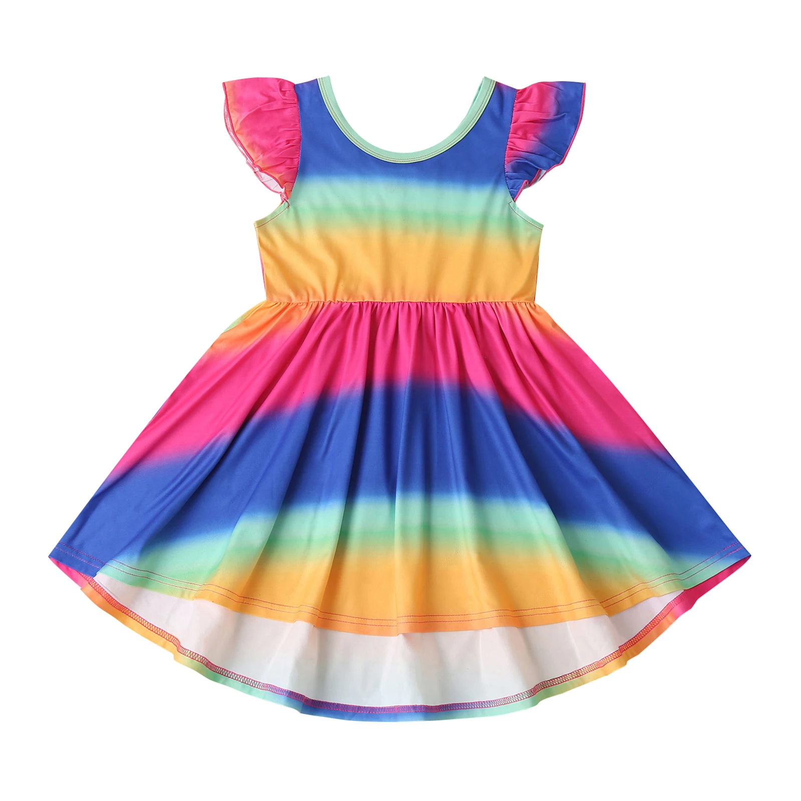 

Kids Dress, Girls Rainbow Print Round Collar Fly Sleeve Siamese Princess Dress for Summer Fall, 2-7 Years