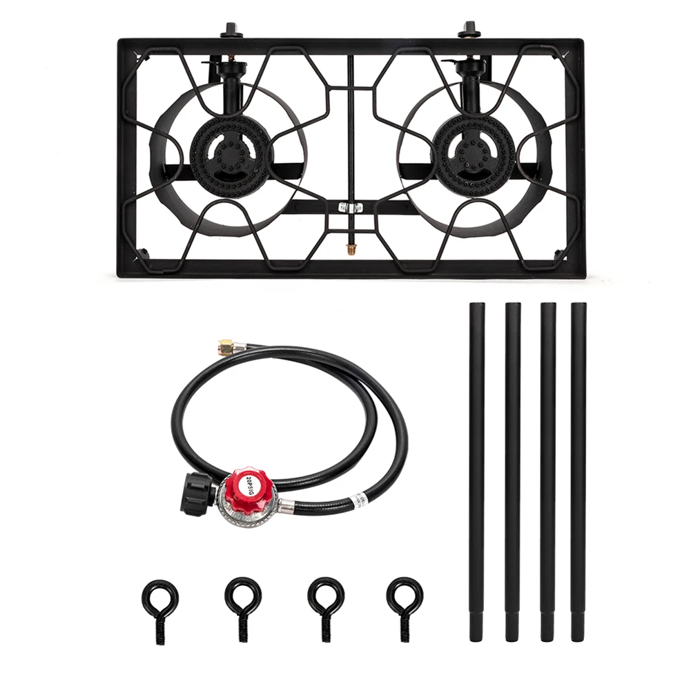 

Outdoor Camping Stove High Pressure Propane Gas Cooker Portable Cast Iron Patio Double Cooking Burner for BBQ Equipment