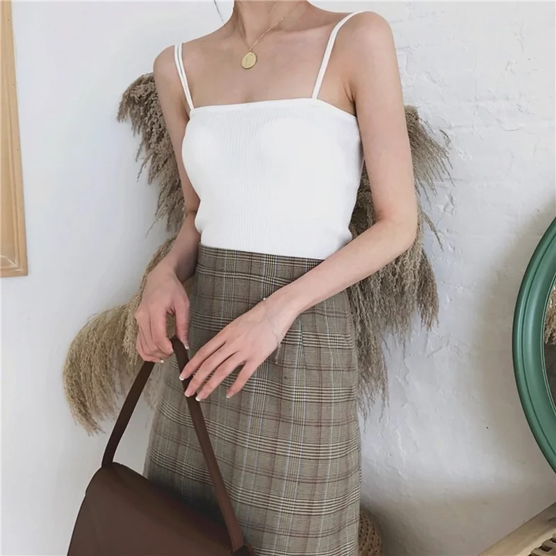 

Knitted Black Spaghetti Strap Korean Ladies Off Shoulder Tops Women's Clothing Summer Style Backless Camis Fashion Brand New