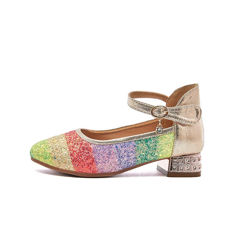 

SKHEK Spring Children Shoes Girls High Heel Princess Dance Sandals Kids Shoes Glitter Leather Girls Party Dress Wedding Shoes