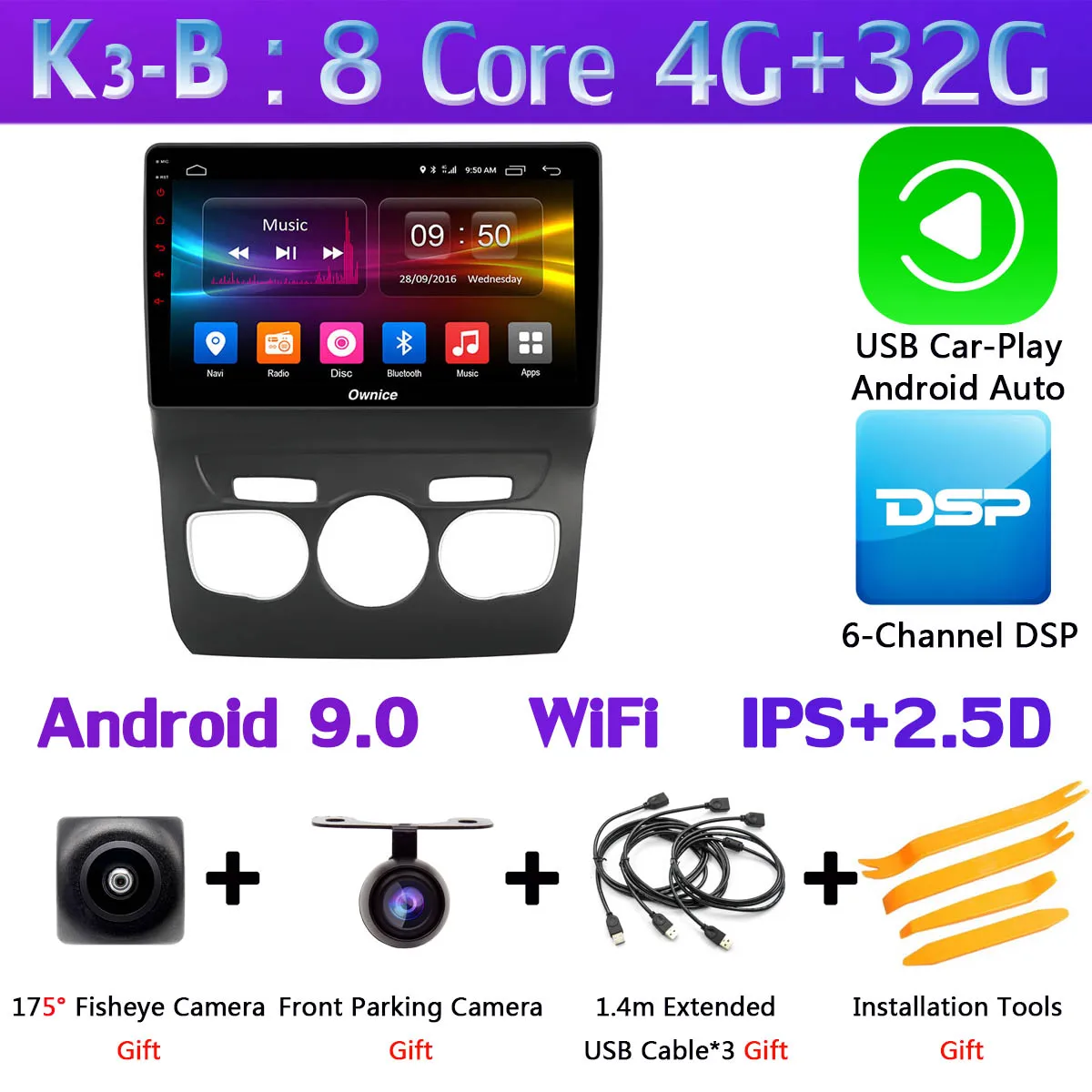 K3-B-CarPlay Панорамная камера 360 ° Автомобильный мультимедийный плеер Android 9,0 8 ядерный 4G+ 64G CarPlay DSP gps радио для Citroen C4 C4L DS4 2010 - Цвет: K3-B-CarPlay