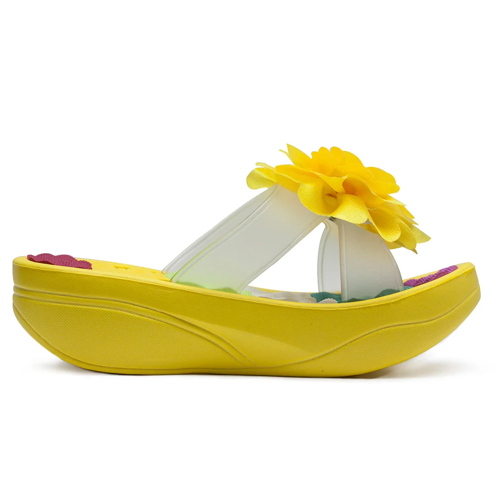 Шлепанцы женские летние на танкетке модные сандалии с цветочным принтом высокий