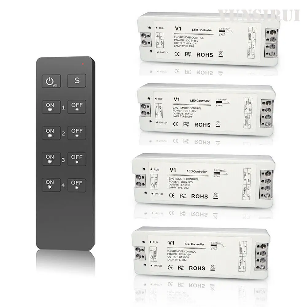 

Led Dimmer 12V/24V V1 8A Output Receiver Controller RU4 4 Zones Wireless RF Touch Remote for 3528 5050 Single Color Strip Lights