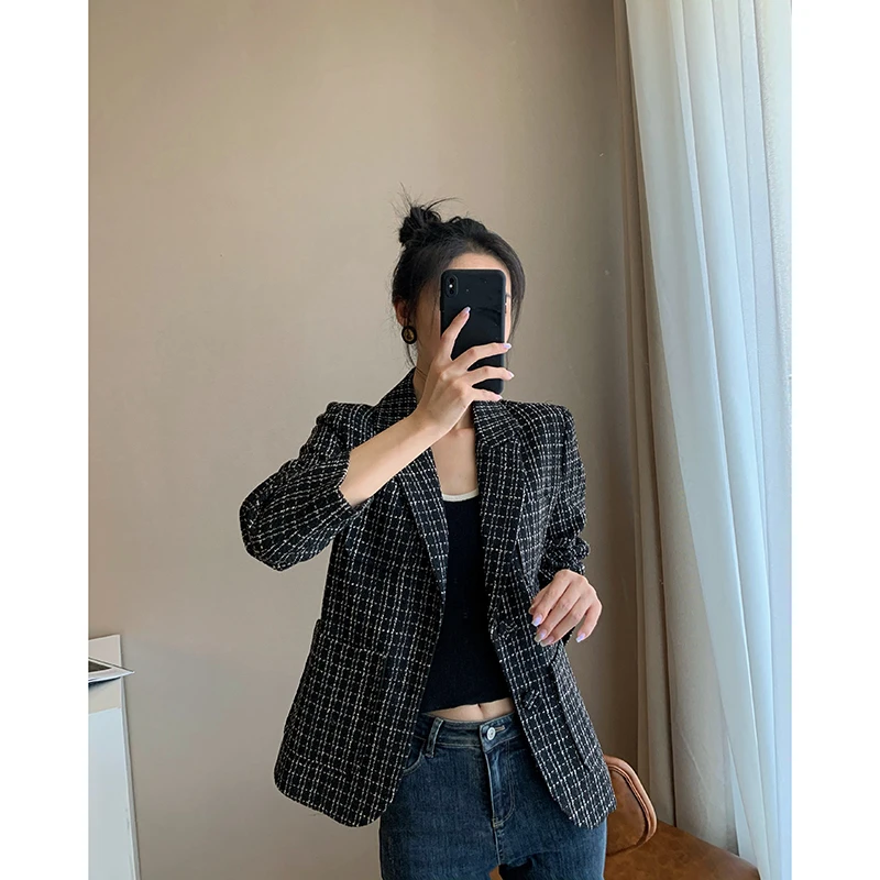 

Женский твидовый Блейзер, черный приталенный пиджак в шотландскую клетку, весна-осень, 2021