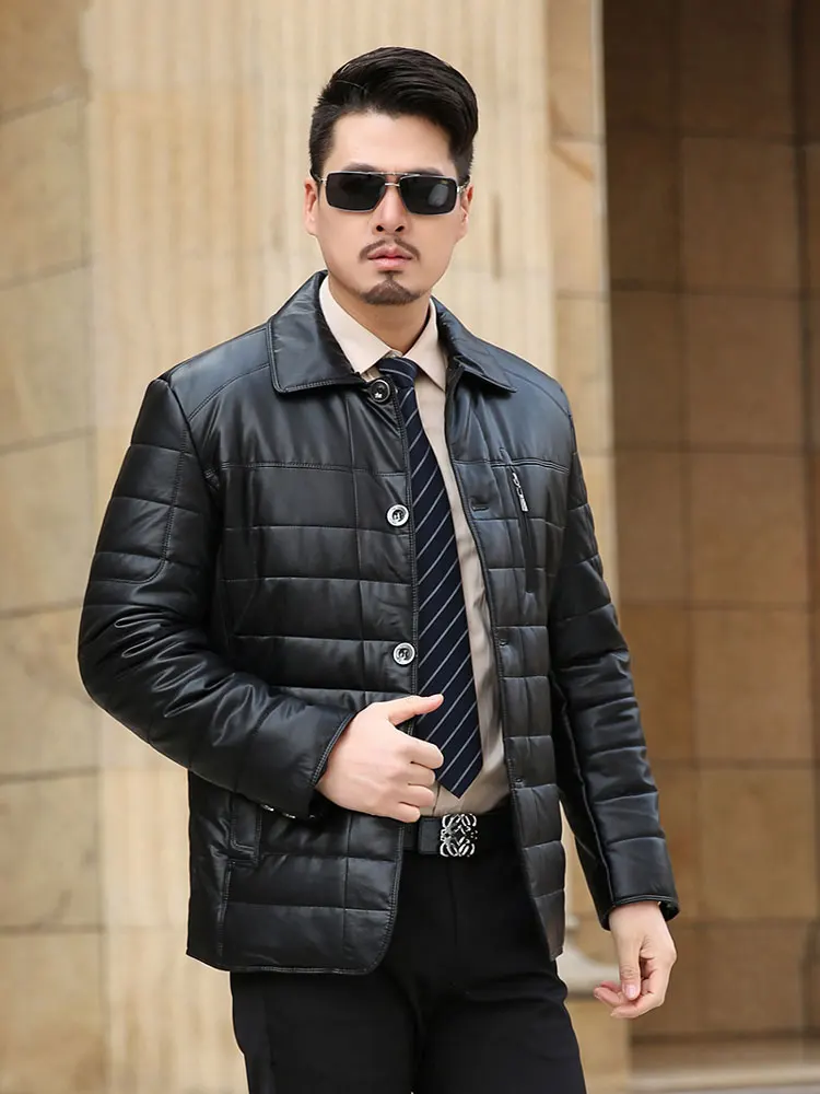 Кожаная мужская куртка зимняя флисовая тонкая парка с меховым воротником