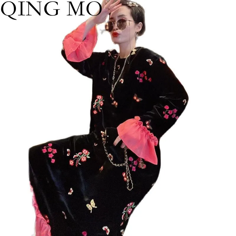 

Женское бархатное платье с вышивкой QING MO, длинное приталенное платье-пуловер с оборками и цветочным узором, черное платье на весну 2022