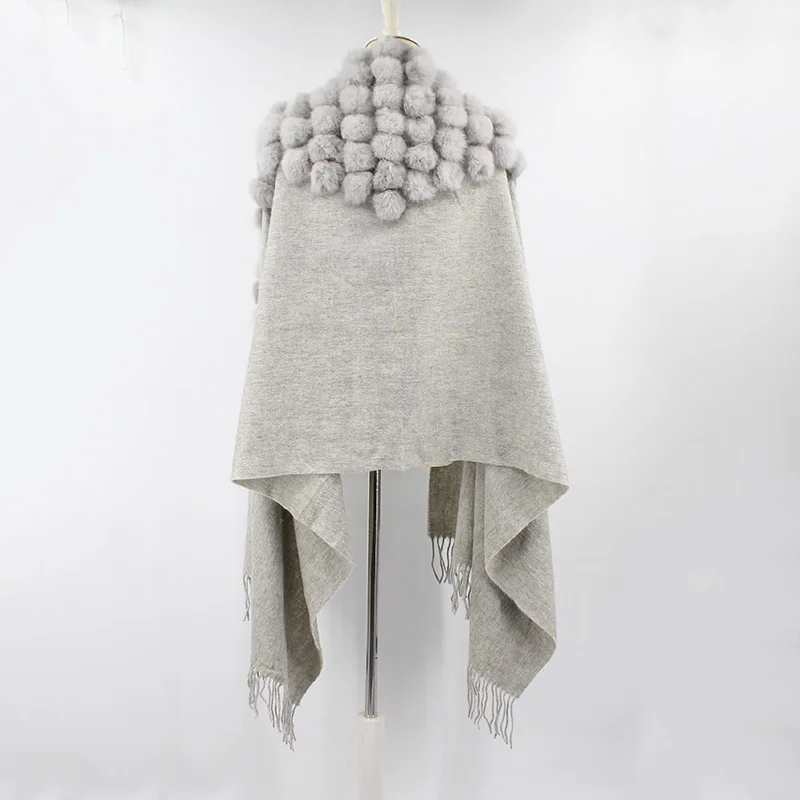 light gray Пашмины меховая шаль шарф для женщин высокое качество простой кроличий мех помпон зимнее толстое Пашмины Пончо женские элегантные обертывания - Цвет: light gray